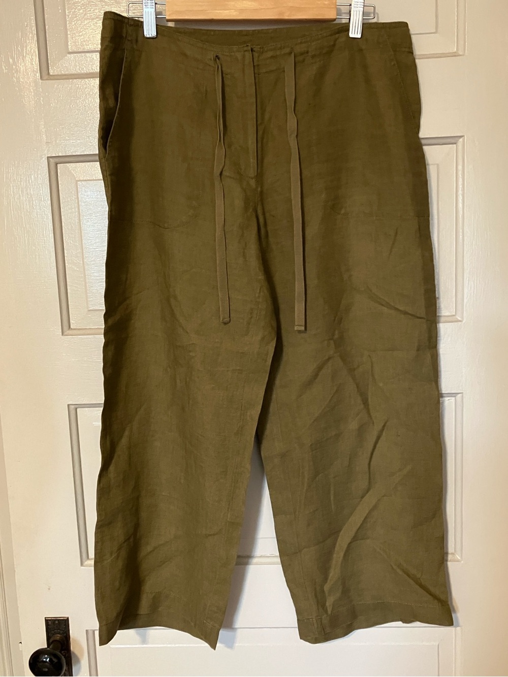 Eileen Fisher Olive Drawstring Linen-Blend Crop Wide Leg pants size M